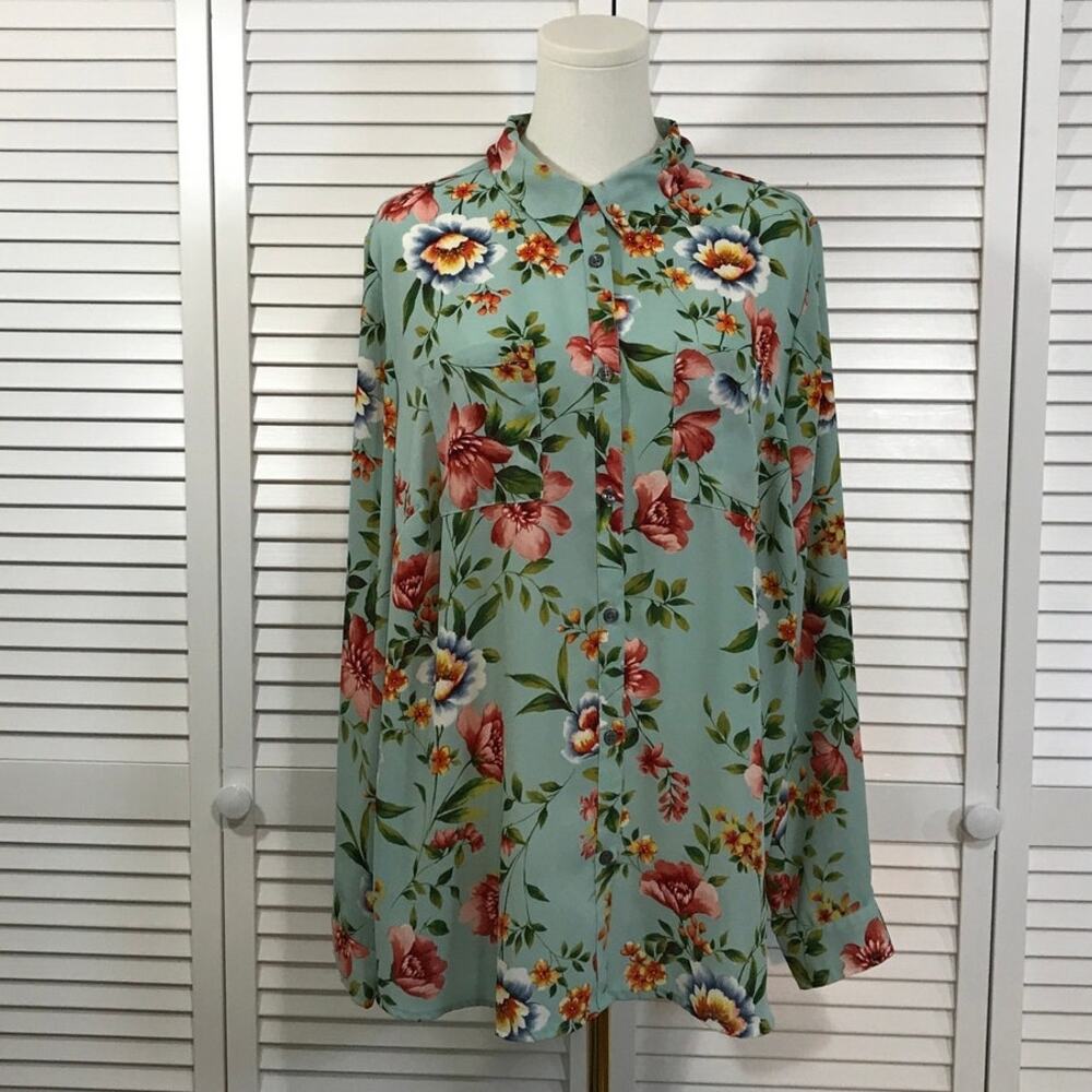 Roz & Ali Boho Cottage Floral Mint Green Button Up Blouse 2X